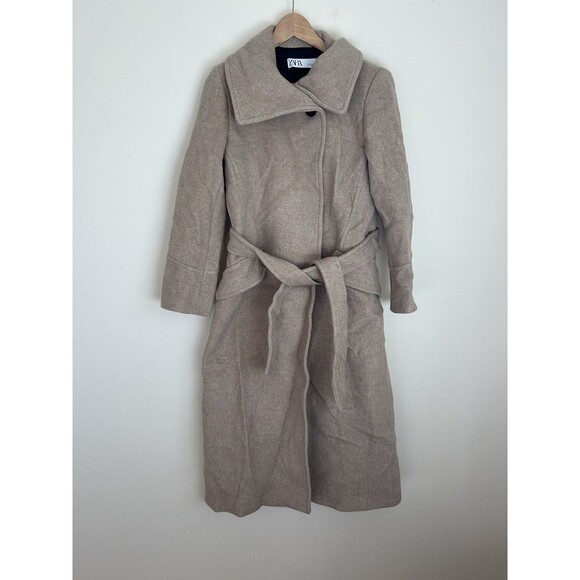 Zara M Long Duster Coat Trench Women’s Car Brown Wool Blend Belted Utility - Picture 1 of 5
